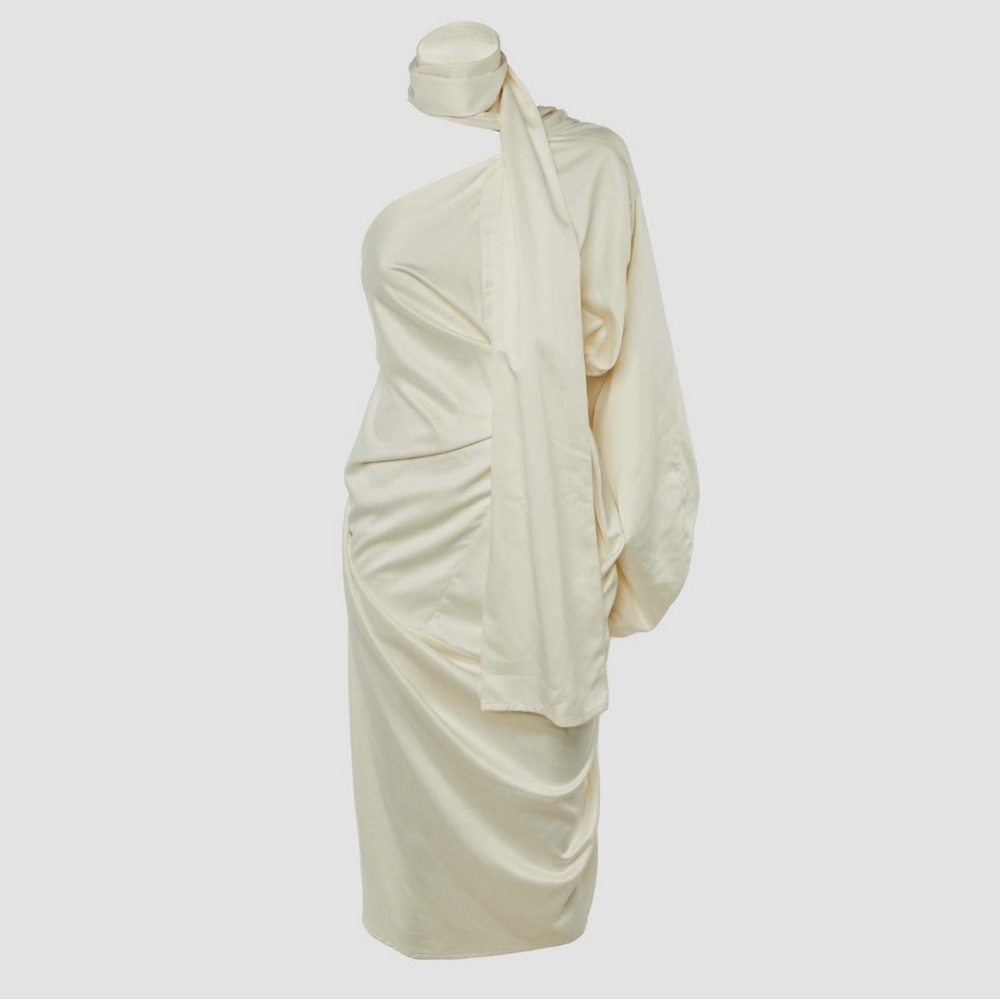 Solace London RARE Sorina Dress Ivory Satin One Sleeve Midi Dress Size 10 - Picture 3 of 5